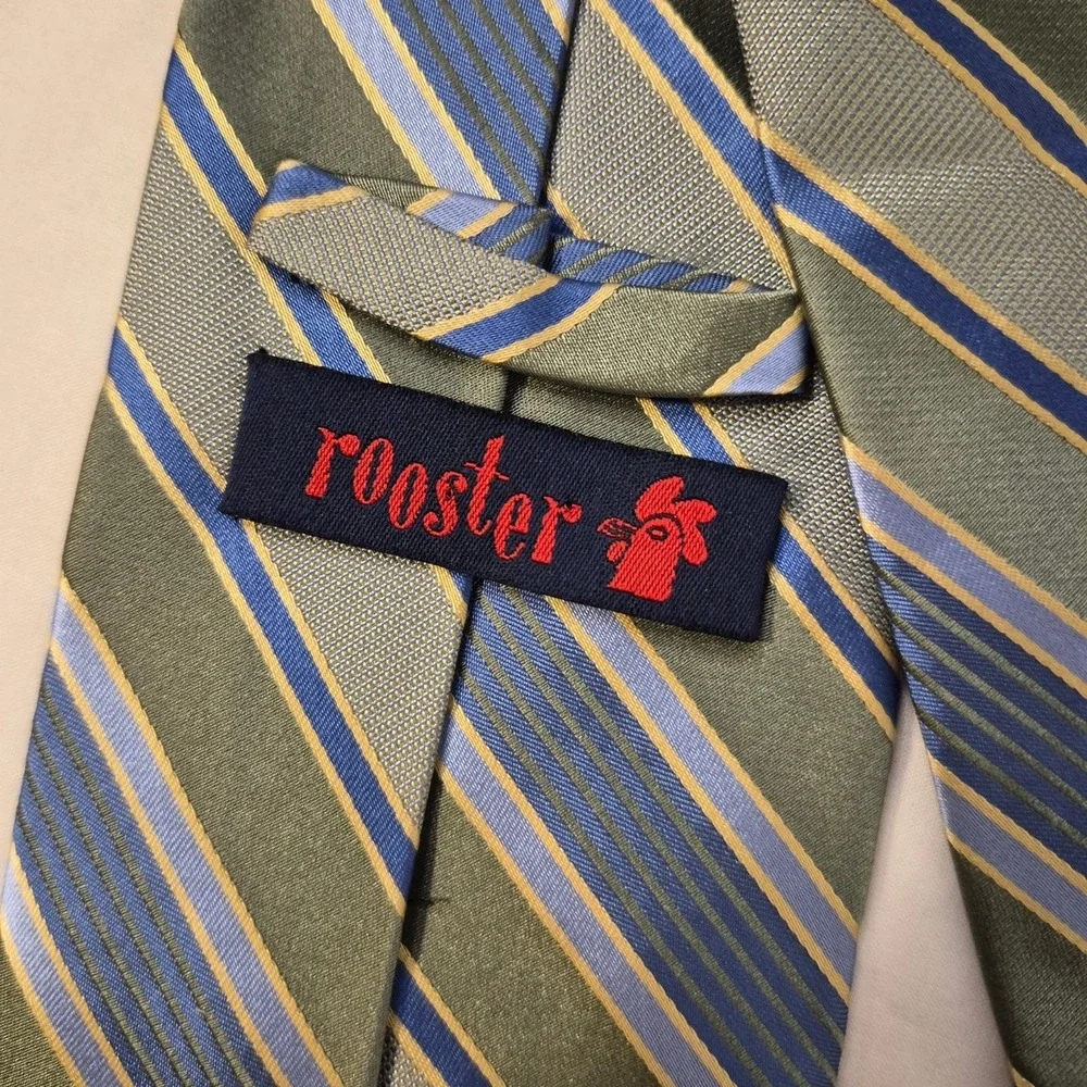Rooster Mens Tie Green Blue Gold‎ Diagonal Stripe Silk Necktie Executive Office